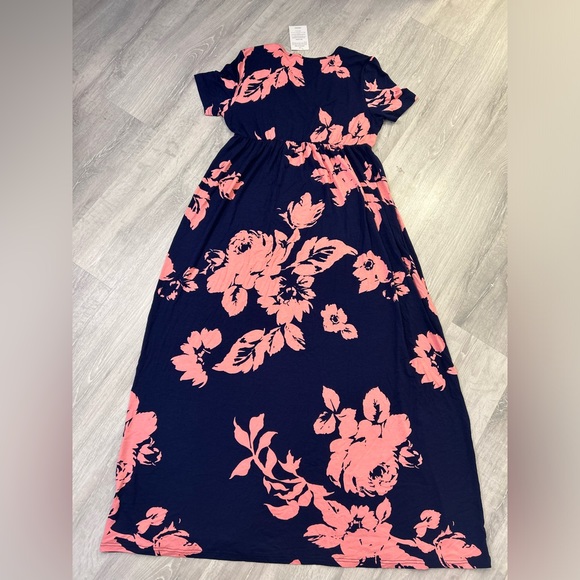 🆕Xpenyo XL Maternity Navy Blue and Pink Short Sleeved Ruched Floral Maxi Dress - Picture 3 of 7